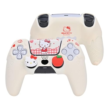 Kuitmor Silicone PS5 Controller Cover Skin Set AntiSlip Soft Protective Case for PS5 Wireless Controller with 2 Thumb Grip Caps and 1 Sticker Beige Hello Kitty