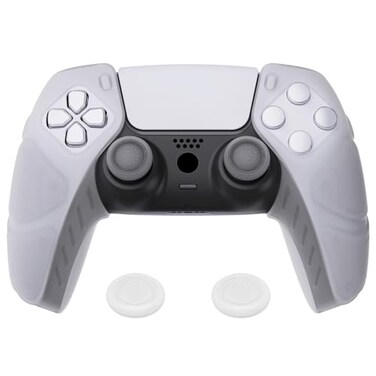 PlayVital Mecha Edition Clear White Ergonomic Soft Controller Silicone Case Grips for ps5 Rubber Protector Skins with Thumbstick Caps for ps5 Controller Compatible with Charging Station