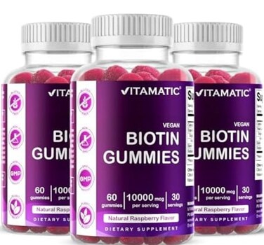Vitamatic Biotin 10000 mcg 60 Vegan Gummies Raspberry Flavor3 Pack