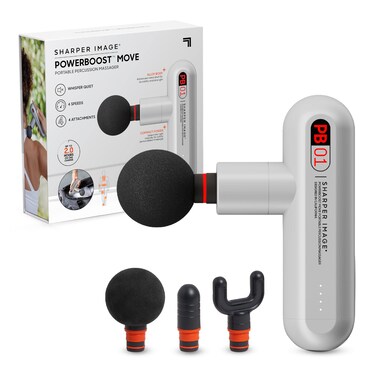 Sharper Image Powerboost Move Mini Percussion Massage Gun 4 Attachments 4 Speeds FSA Eligible Full Body Back Shoulder Massager Deep Tissue Muscle Recovery Portable Pain Relief Massage Tool