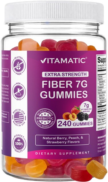 Vitamatic Prebiotic Fiber Gummies for Adults 7G Extra Strength Zero Sugar Added 240 Pectin Based Gummies Digestive Health Regularity Support