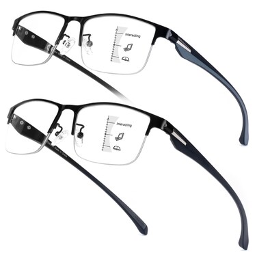 SKYOAK 2 Pack Premium Quality Progressive Multifocus Half Frame Reading Glasses for Men NoLine Blue Light Blocking Computer Readers Multifocal Eyeglasses with TR90 Temples Black and Gunmetal 15x