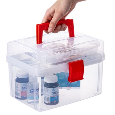 MyGift 10 Inch Clear First Aid Bin with Tray Quick Access Lid Red