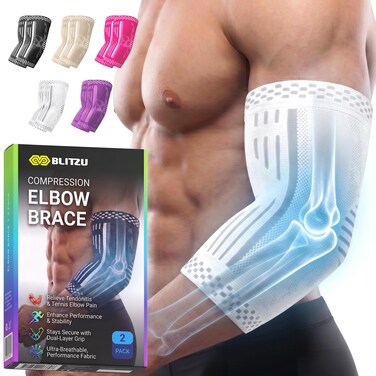 BLITZU Elbow Compression Sleeve for Tendonitis Tennis Elbow Brace 2 Pack L