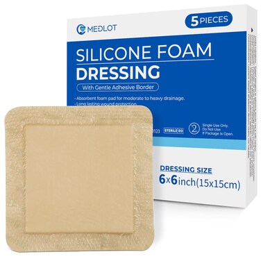 LotFancy Silicone Foam Dressing with Border 6x 6 5pcs Hypoallergenic