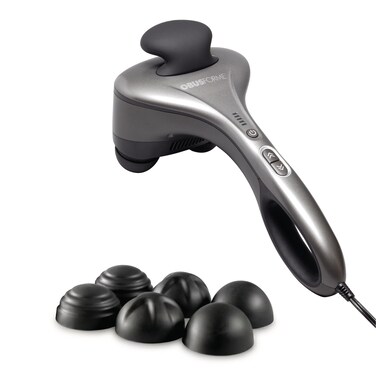 Obusforme Professional Grade Percussion Back Massager Handheld Deep Tissue Massager 3000 RPM Dual Massage Nodes Five Massage Intensity Options Ergonomic Front Grip NonSlip Handle