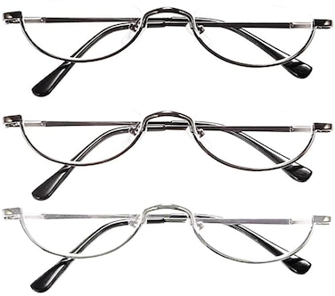 REAVEE 3 Pack Retro Designer Alloy Half Moon Reading Glasses for Women Men Half Frame Spring Hinge Stylish Slim Reader with Pouch Black Grey and Silver 15