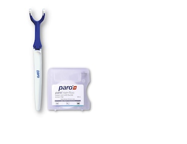 Paro Floss Holder and Paro Riser Floss Mint Waxed Fluoridated Floss 50M