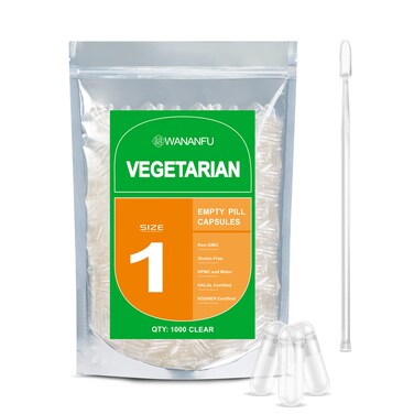 wananfu Size 1 Empty Capsules Vegetarian 1000 Count Bundle with Micro Lab Spoon Clear Fillable Veggie Pill Capsules Size 1 for Making Your Own Supplements