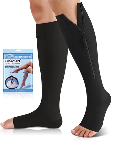 CASMON Zipper Compression Socks 1520 mmHg Open Toe Support Socks 1 Pair