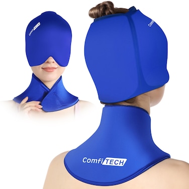 ComfiTECH Migraine Relief Cap Head Neck Ice Pack Wrap Gel Combo Blue M