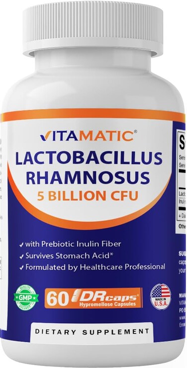 Vitamatic Lactobacillus Rhamnosus 5 Billion per DR Capsule 10 Billion Per 2 Capsules 60 Count Advanced Digestive Immune Support Made with Prebiotic Inulin Fiber