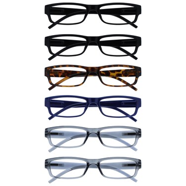 OPULIZE ACE Reading Glasses for Women Men Lightweight Comfortable Narrow Rectangular Frame with Spring Hinges Scratch Resistant Black Brown Blue Grey 250 Pack of 6