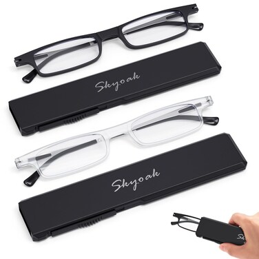 SKYOAK 2 Pack Ultra thin Lightweight Folding Reading Glasses Women Men TR90 Blue Light Blocking Anti UVEyestrain Foldable Compact Computer Readers Portable Unique Stretchable Slim Flat Case BlackClear