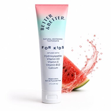 BetterBetter Better Fluoride Free Kids Toothpaste Naturally Derived Micro Hydroxyapatite Juicy Watermelon Flavor Vitamins D3 E B12 Remineralizing 34oz