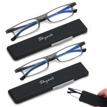 SKYOAK 2 Pack Ultra thin Lightweight Folding Reading Glasses Women Men TR90 Blue Light Blocking Anti UVEyestrain Foldable Compact Computer Readers Portable Unique Stretchable Slim Flat case Gunmetal 1