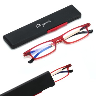 SKYOAK Ultra thin Lightweight Folding Reading Glasses Women Men TR90 Blue Light Blocking Anti UVEyestrain Foldable Compact Computer Readers Portable Unique Stretchable Slim Flat Case Red 35