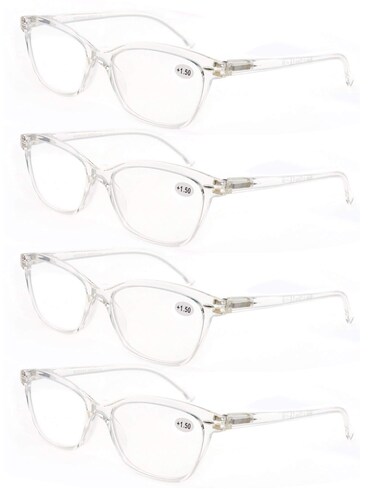 MODFANS Women Reading Glasses 10 Clear Frame Cateye Ladies Readers with Comfort Spring Hinge Pattern Design Pouch Included 4 Pack