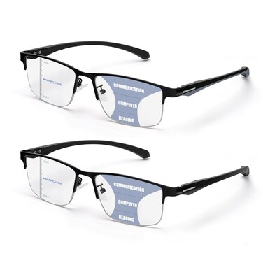 ZERPEET 2 Pack Mens Progressive Multifocal Reading GlassesHalf Rim Metal Frame TR90 Temples Blue Light Blocking Anti Eyestrain Multifocus Computer Readers25x