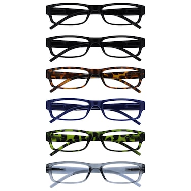 OPULIZE ACE Reading Glasses for Women Men Lightweight Comfortable Narrow Rectangular Frame with Spring Hinges Scratch Resistant Black Brown Blue Green Grey 150 Pack of 6