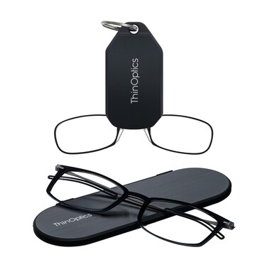Always With ThinOptics Bundle Reading Glasses Armless OnNose Readers with Keychain Case Ultra Thin Durable Lightweight Black 15x