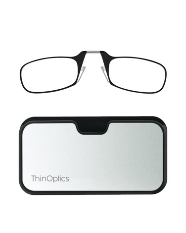 ThinOptics Universal Case and Readers Rectangular Reading Glasses Silver Black Metal Pod with Black Frames 15 Strength