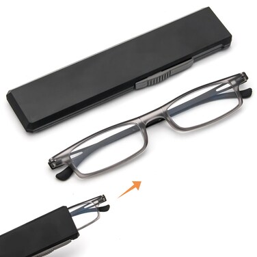 REAVEE Folding Reading Glasses for Men Women Ultra Thin Blue Light Blocking Anti UVEyestrain Computer TR90 Slim Foldable Portable Readers with Compact Flat Case Grey 35
