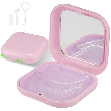 Heigoeost Retainer Case with Mirror Compatible with Invisalign Aligner Pink