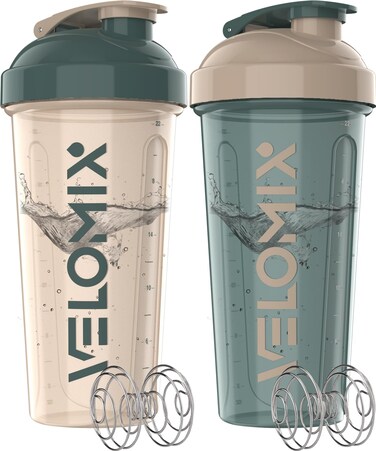 VELOMIX 2 Pack 28oz Protein Shaker Bottle for Protein Mixes BlueBeige