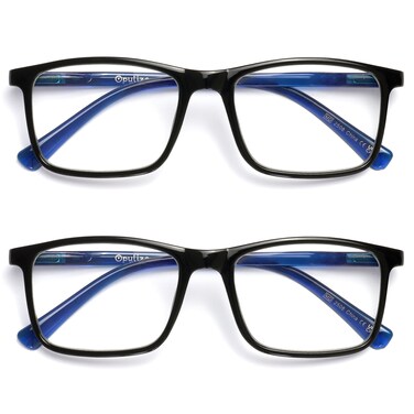 OPULIZE INK Reading Glasses Value 2 Pack Large Rectangular Frame Spring Hinges Scratch Resistant Black Blue Arm Mens Womens 300