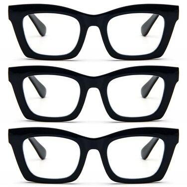 REAVEE 3 Pack Reading Glasses for Women Blue Light Blocking Oversized Cute Square Computer Readers with Spring Hinge Black 175