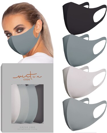 VIRTUE CODE Second Skin Cloth Face Mask Pack with Adjustable Ear Loops 4 Buttery Soft Masks Washable Fabric Greys Face Mask Reusable Stretchy Comfortable Fresh Facemask