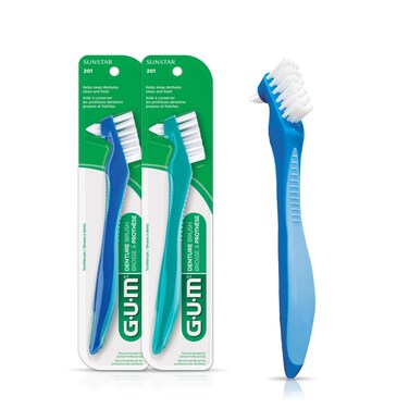 GUM Denture Brush DualHeaded Hard Bristle Toothbrush 2 Pack