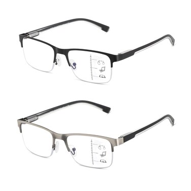 SUNAMOY Multifocus Reading Glasses Men Progressive Multifocal Blue Light Computer Reader Half Frame Metal Extra Wide Eyeglasses No Line Bifocals Large Designer Cheaters Transition Square Eyewear 2pack