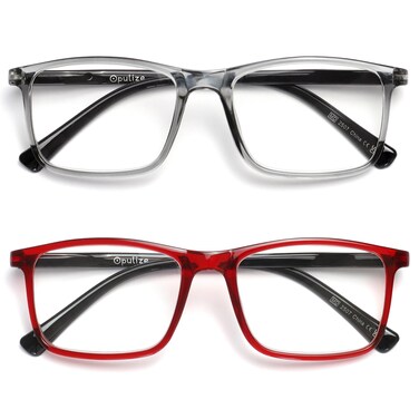 OPULIZE INK Reading Glasses Value 2 Pack Large Rectangular Frame Spring Hinges Scratch Resistant Grey Red Mens Womens 250