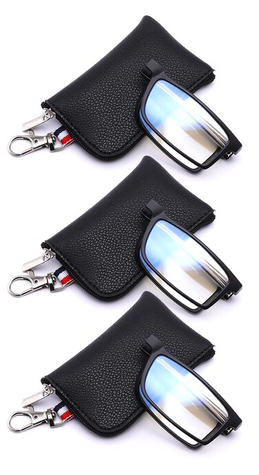 GOOSEN 3Pack Reading Glasses for Women Men Keychain Bags Compact Folding Readers Clear Lens Blue Light Glasses With Spring Hinge Black 25 x
