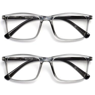 OPULIZE INK Reading Glasses Value 2 Pack Large Rectangular Frame Spring Hinges Scratch Resistant Transparent Grey Black Arm Mens Womens 350