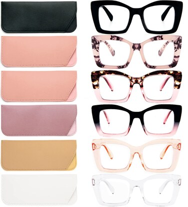REAVEE 6 Pack Oversized Square Reading Glasses for Women Blue Light Blocking Large Frame Computer Designer Fashion Readers Spring Hinge with Leather Case175