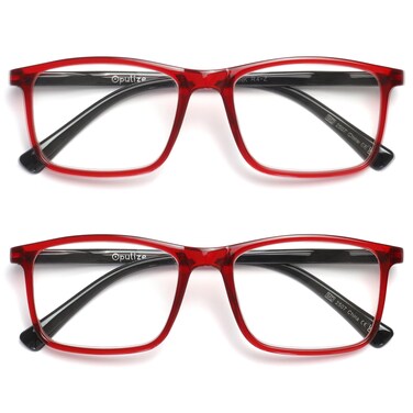 OPULIZE INK Reading Glasses Value 2 Pack Large Rectangular Frame Spring Hinges Scratch Resistant Dark Red Black Arm Mens Womens 350