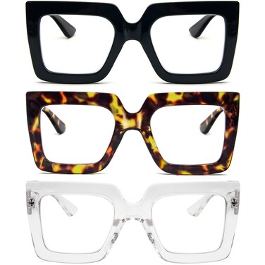 REAVEE 3 Pack Oversized Reading Glasses for Women Large Frame Extra Wide Blue Light Blocking Readers Stylish Square Thick Eyewear Black Leopard Clear 10