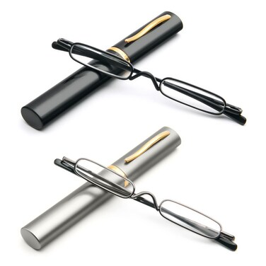 prtcslwd 2 Pack Mini Slim Reading Glasses Spring Hinge Metal Reading Aid Unisex Visual Aid with Case 2 Packblackgray 25