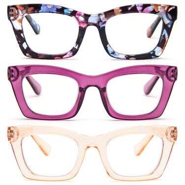 REAVEE 3 Pack Reading Glasses for Women Blue Light Blocking Cute Oversized Square Computer Readers with Spring Hinge Flower Rose Tea 25