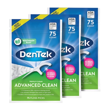 DenTek Triple Clean Advanced Clean Floss Picks No Break No Shred Floss 75 Count 3 Pack