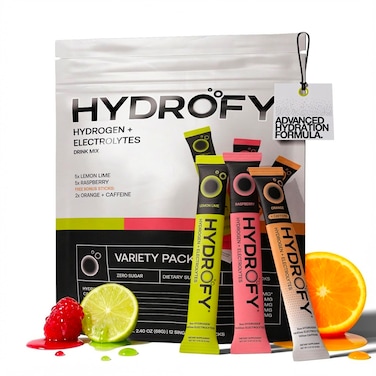 Hydrofy Hydrogen Water Electrolytes Drink Mix Variety Pack H2 Hydration Packets with Molecular Hydrogen Sodium Potassium Magnesium Lemon Lime Raspberry Orange Caffeine 12 Count