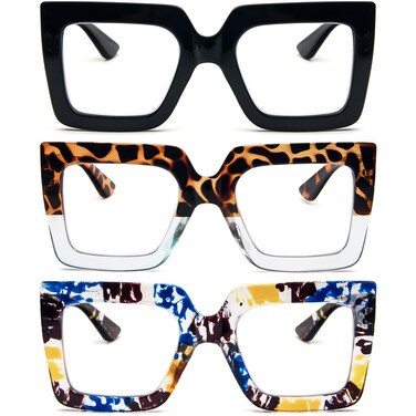REAVEE 3 Pack Oversized Reading Glasses for Women Large Frame Extra Wide Blue Light Blocking Readers Stylish Square Thick Eyewear BlackLeopard BlueBlue Yellow 25