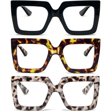 REAVEE 3 Pack Oversized Reading Glasses for Women Large Frame Extra Wide Blue Light Blocking Readers Stylish Square Thick EyewearBlackLeopardGrey Leopard 25