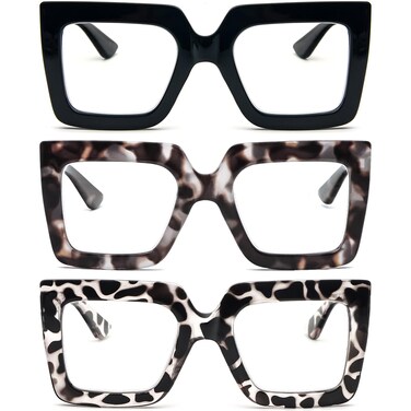 REAVEE 3 Pack Oversized Reading Glasses for Women Large Frame Extra Wide Blue Light Blocking Readers Stylish Square Thick EyewearBlackBlack LeopardClear Leopard 25