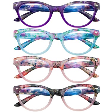 Sumkyle 4 Pack Cat Eye Reading Glasses Blue Light Blocking for WomenStylish Pattern Spring Hinges Computer Readers 4 Mix 175