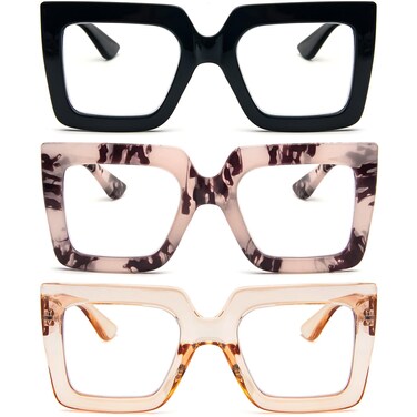 REAVEE 3 Pack Oversized Reading Glasses for Women Large Frame Extra Wide Blue Light Blocking Readers Stylish Square Thick Eyewear BlackLeopard PinkChampagne 15