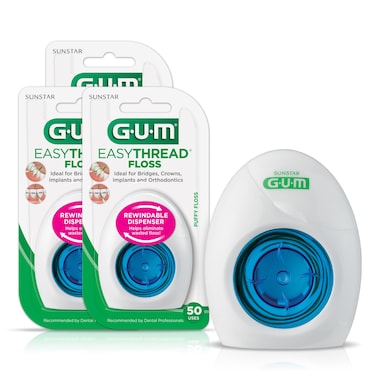 GUM EasyThread Threader Floss Expanding Dental Floss for Braces Bridges and Implants Built in Rigid Floss Threaders 50 UsesPack of 3